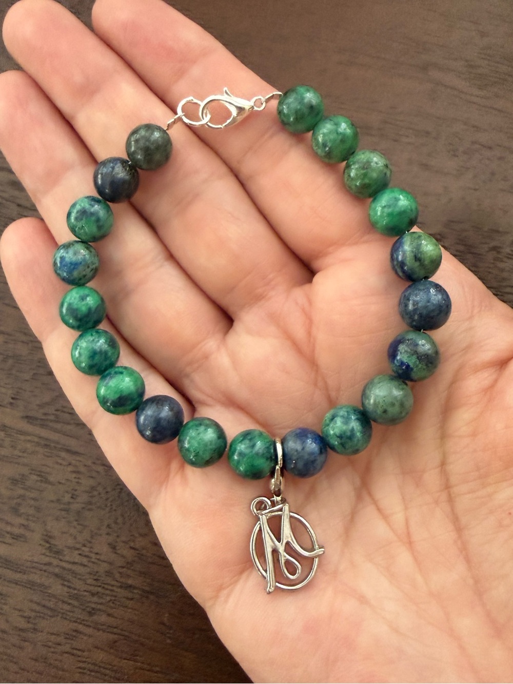 Chrysocolla bead initial M charm silver tone bracelet
